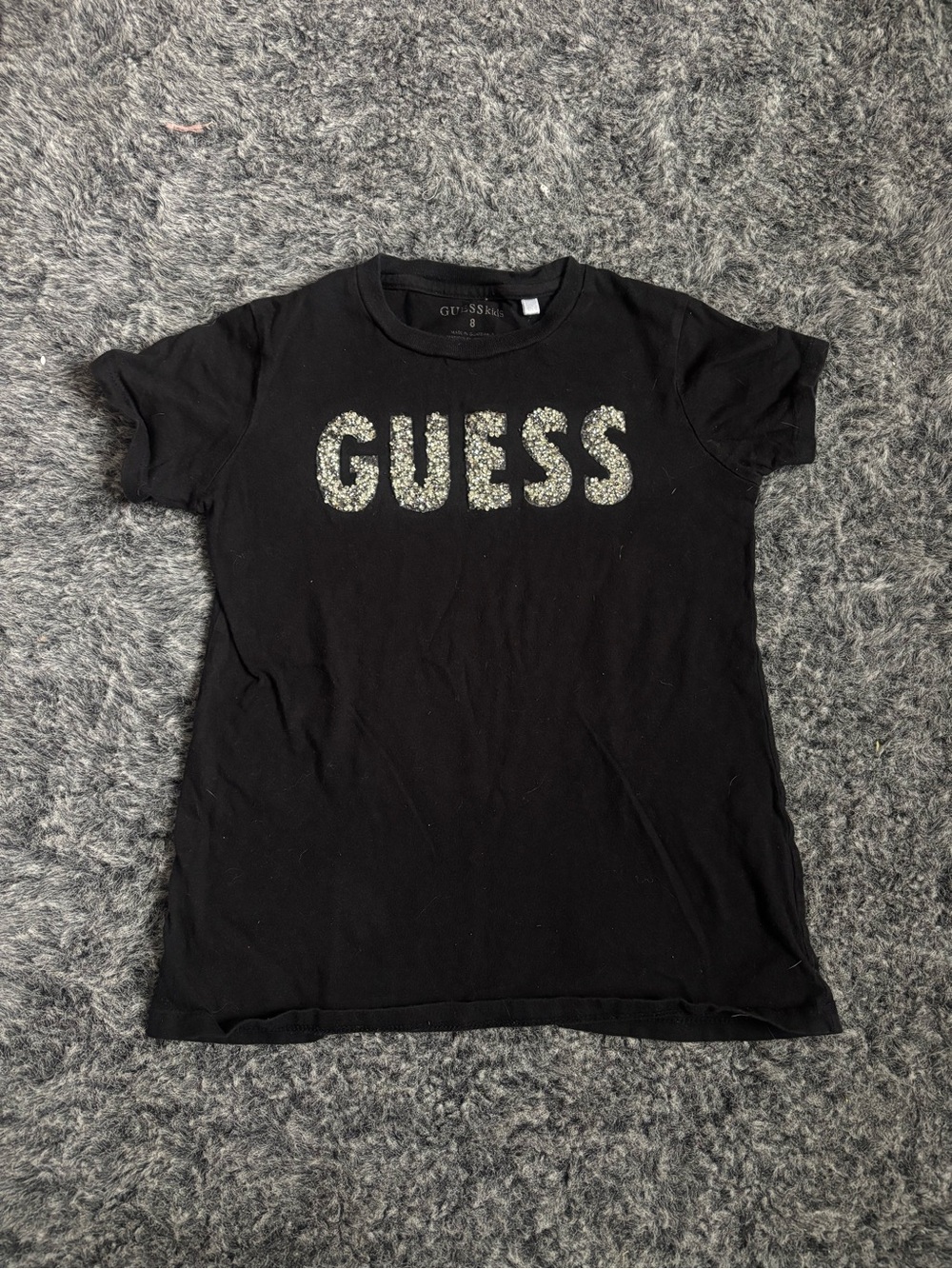 GUESS Black Short Sleeve Logo Tee with Silver Sequin Lettering